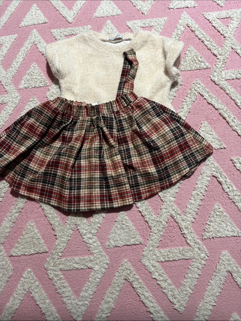Girls Cream Fuzzy Top with Red Plaid Skirt Matching Set